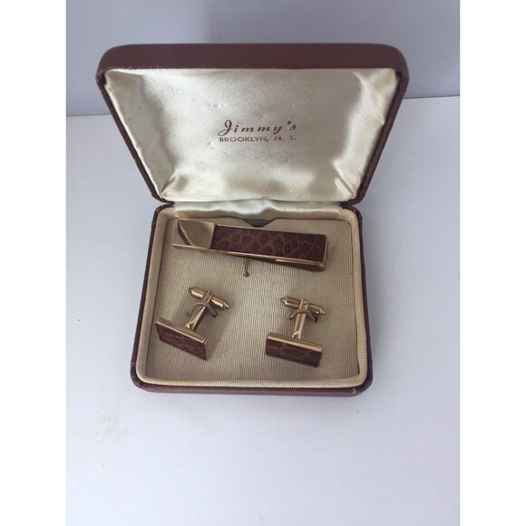 Vtg De Cara Tie Bar cuff links leather faux snakeskin gold tone original case - Picture 2 of 4